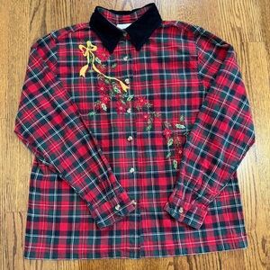 Casey & Max Vintage Holiday Christmas Red Plaid Button Down Poinsettia Medium